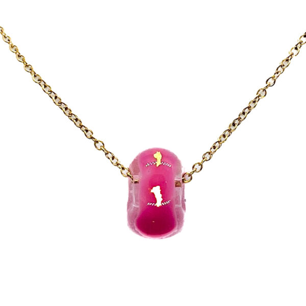 Handgemaakte glazen halsketting roze met vergulde ketting.